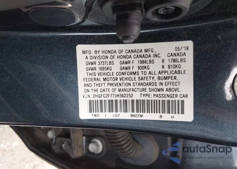 2018 Honda Civic Ex из США, поврежденный, VIN 2HGFC2F77JH562252